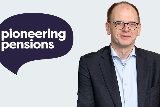 Man smiling in business attire suit cartoon image alfred next to pioneering pensions logo