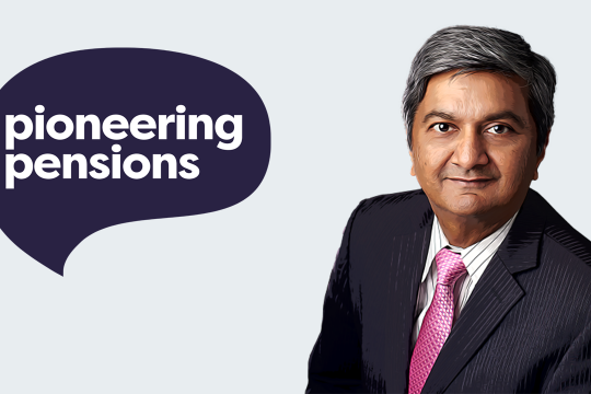 Man smiling in business attire suit cartoon image arun next to pioneering pensions logo