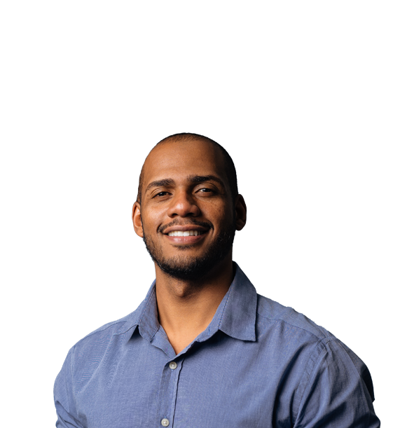 a cut out of a man wearing a blue shirt smiling