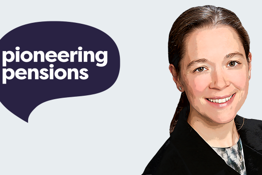 Woman smiling in business attire suit cartoon image bonnie next to pioneering pensions logo