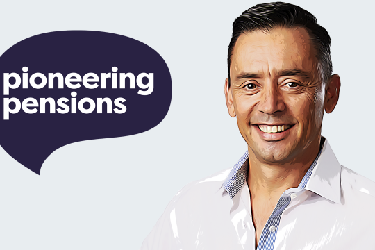 Man smiling in business attire suit cartoon image brnic next to pioneering pensions logo