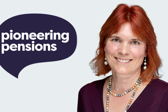 Woman smiling in business attire suit cartoon image catherine next to pioneering pensions logo