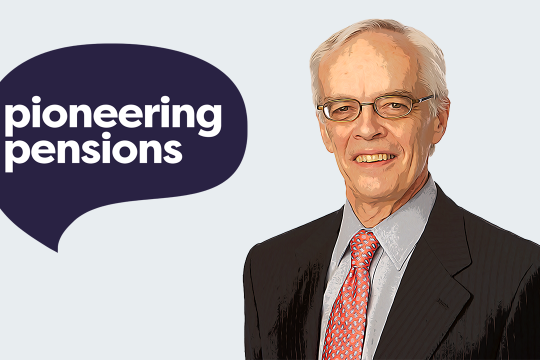 Man smiling in business attire suit cartoon image claude next to pioneering pensions logo
