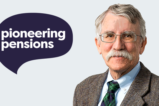 Man smiling in business attire suit cartoon image david next to pioneering pensions logo