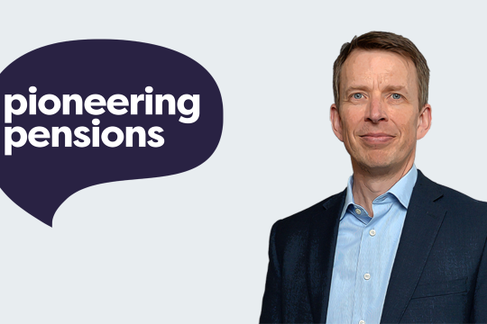 Man smiling in business attire suit cartoon image derek next to pioneering pensions logo
