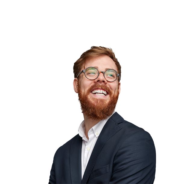 a cut out of a man wearing glasses smiling