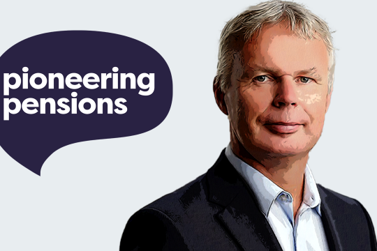 Man smiling in business attire suit cartoon image jerry next to pioneering pensions logo