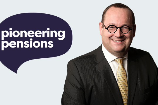 Man smiling in business attire suit cartoon image josef next to pioneering pensions logo