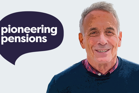 Man smiling in business attire suit cartoon image larry next to pioneering pensions logo