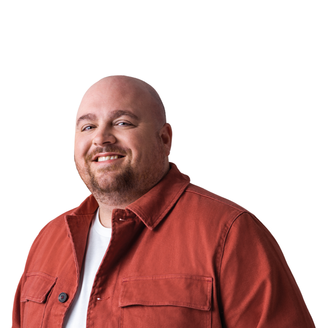 a cut out of a man smiling at the camera