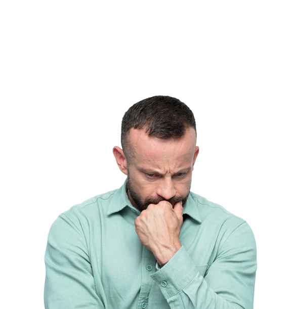 A cut-out of an adult white male looking distraught with their head held against their outer left hand