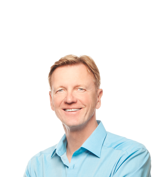 a cut out of a man wearing blue shirt smiling