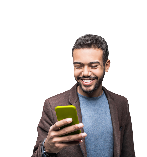 a cut out of a man with brown blazer using his phone