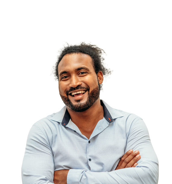 A cut-out of a mature brown man smiling and folding his arms looking directly at the camera