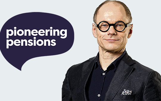 Man smiling in business attire suit cartoon image ole next to pioneering pensions logo