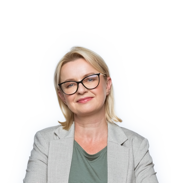 A cut-out of a mature white woman smiling looking directly at the camera