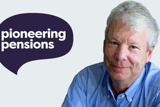 Man smiling in business attire suit cartoon image richard next to pioneering pensions logo