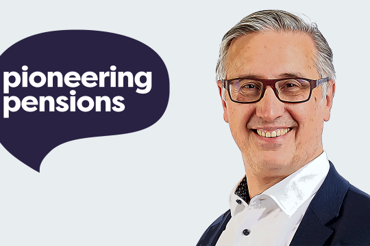 Man smiling in business attire suit cartoon image stefan next to pioneering pensions logo