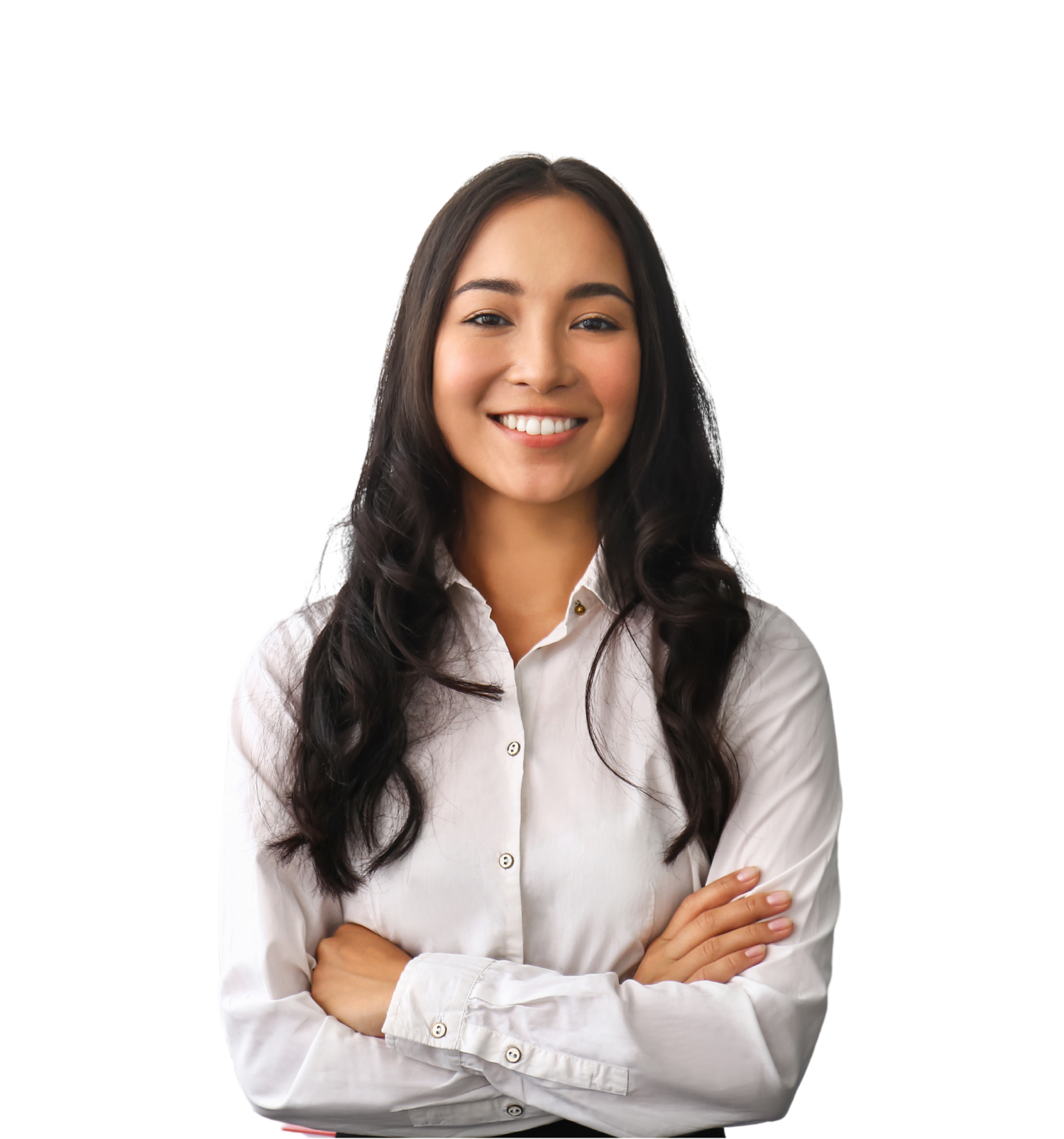 Smiling asian woman in business attire facing the camera with arms crossed