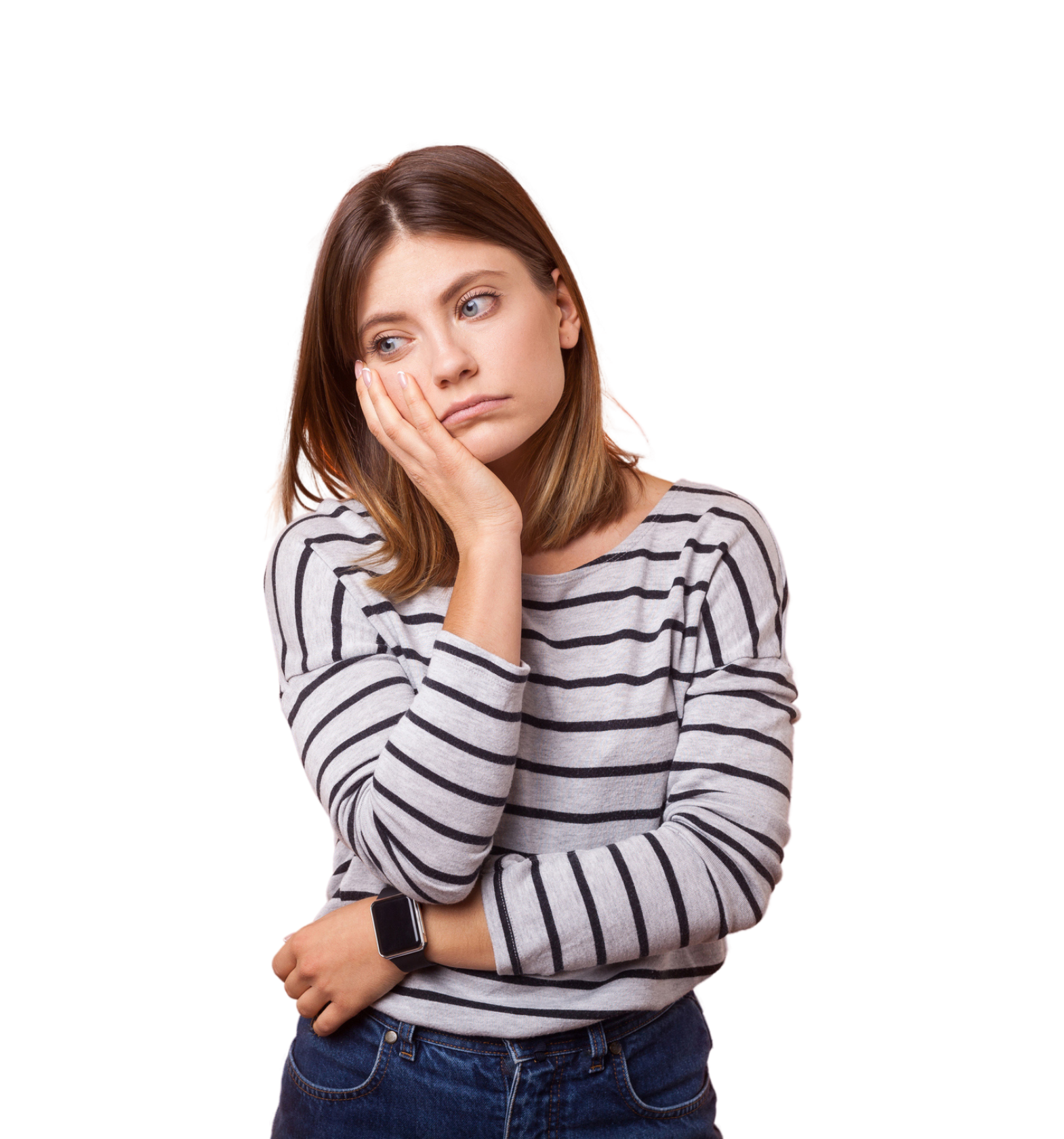Woman in casual attire frowning