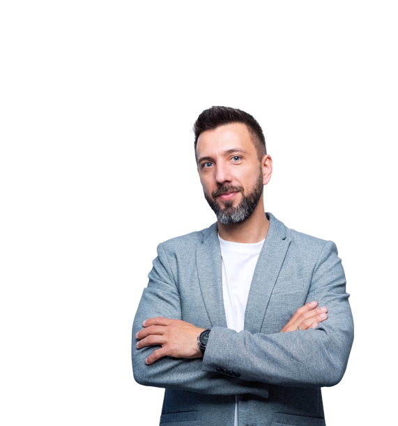 a cut out of a man wearing a grey blazer with arms folded