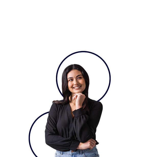 A cut out of a young brown woman smiling with her hand rested under her chin