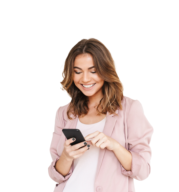a cut out of a woman holding phone using nowu in pink coat