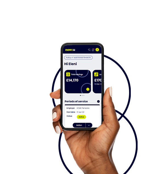 A cut-out of a black woman's hand holding a smartphone with now:u's member dashboard showing