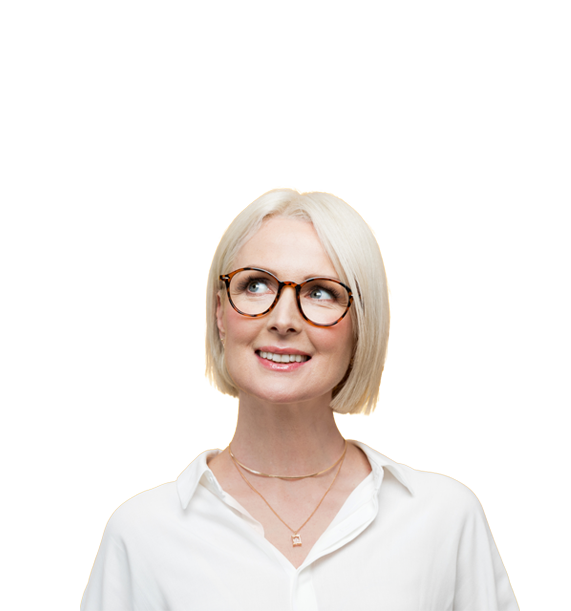 a cut out of a woman wearing a white blouse and glasses while looking left