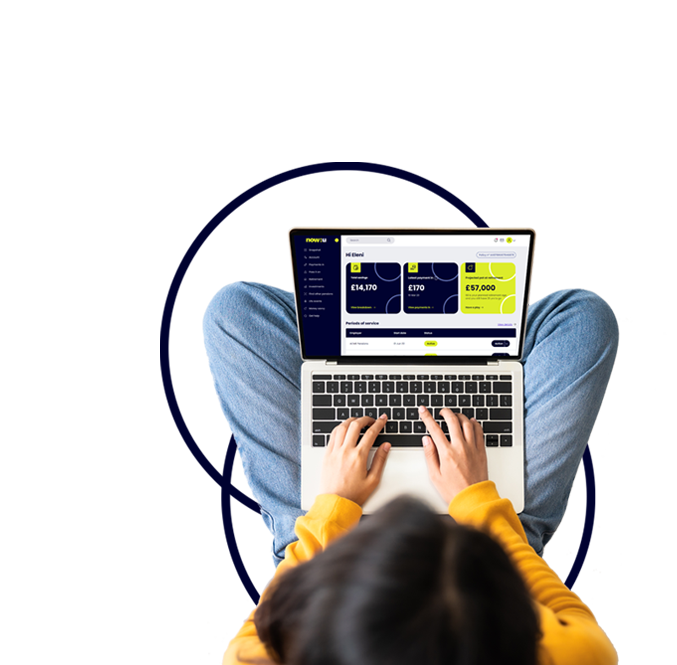 A cut-out of a woman with her legs crossed with a laptop resting on top of them. now:u is pictured on the laptop screen