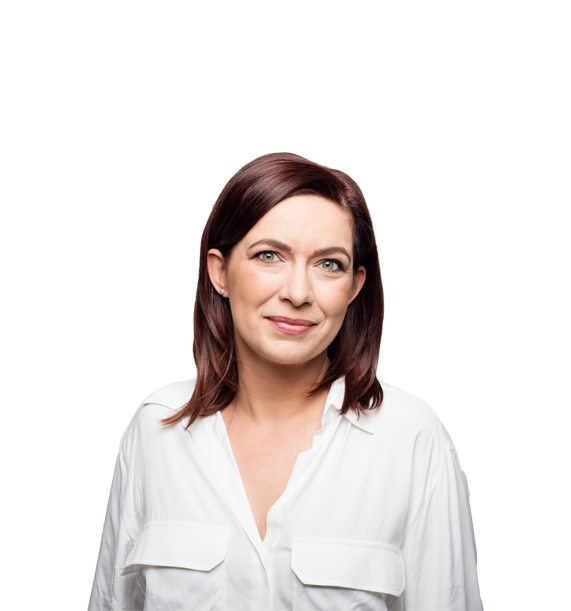 a cut out of a woman wearing white blouse smiling at camera