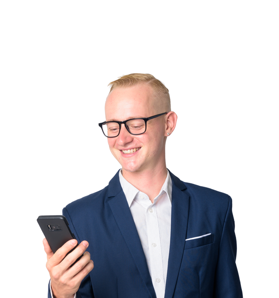 a cut out of a young man using phone smiling wearing a blue blazer