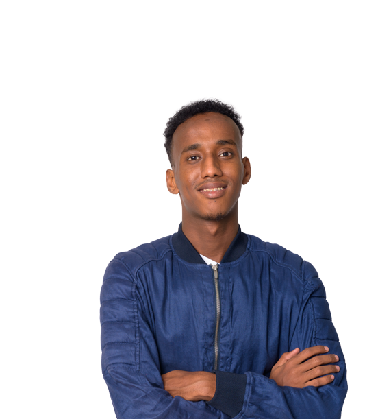 a cut out of a young man with arms folded looking at the camera
