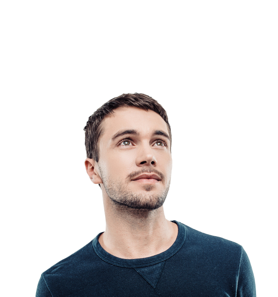 A cut-out of a young white man looking up to the right