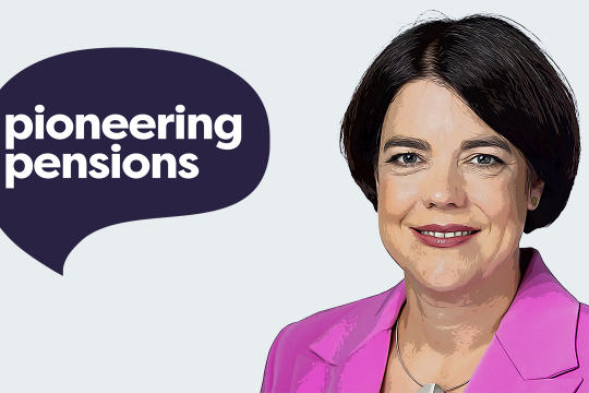 Woman smiling in business attire suit cartoon image lisa next to pioneering pensions logo