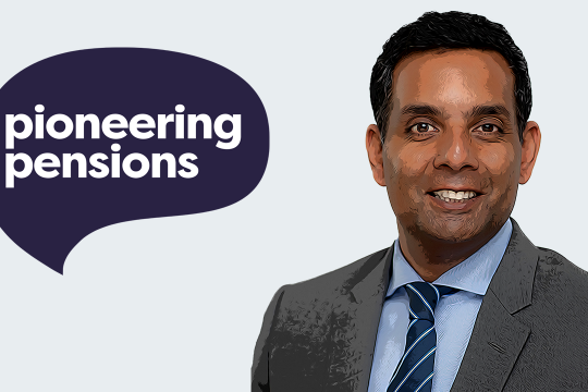 Man smiling in business attire suit cartoon image samir next to pioneering pensions logo