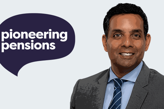 Image of man in business attire smiling next to pioneering pensions logo