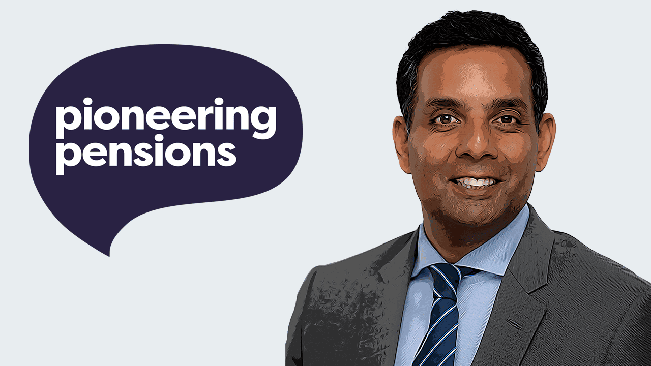 Image of man in business attire smiling next to pioneering pensions logo