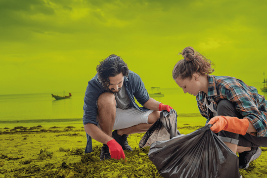 Two people picking up litter by a lake