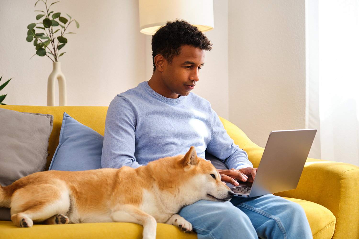 Man looks at laptop with dog