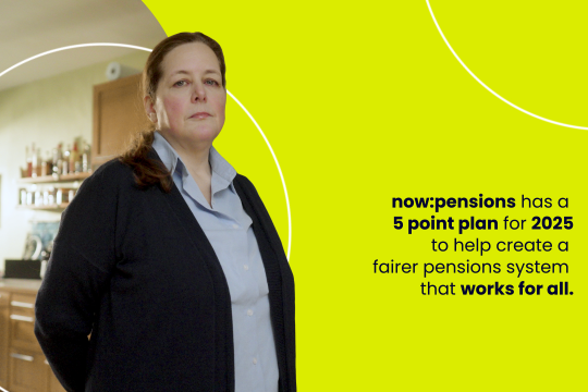 image with women looking towards you with text on now:pensions 5 point plan text