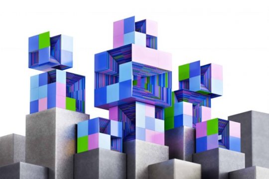 Image of blue, grey, green, and purple blocks forming an image