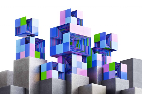 Image of blue, grey, green, and purple blocks forming an image