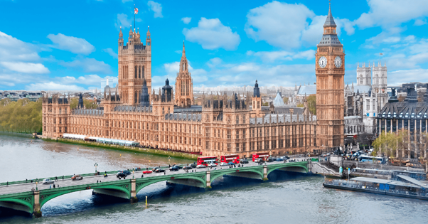A wide shot of a large parliament building