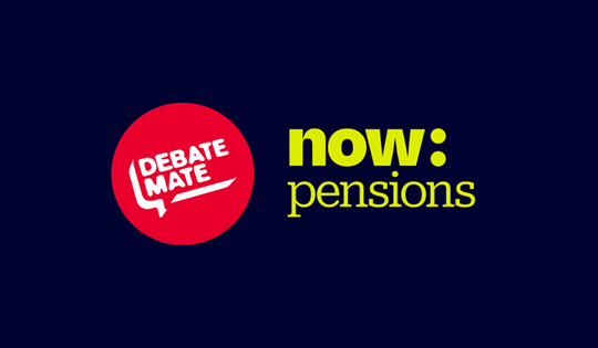 image with red debate mate logo and now:pensions logo