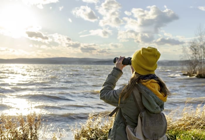 Woman looking through binoculars at birds on the lake